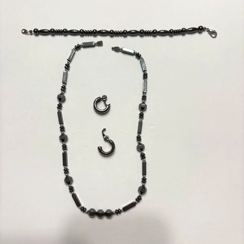 Women Hematite Style Beaded Necklace Beaded Bracelet and Small Clip on Earrings